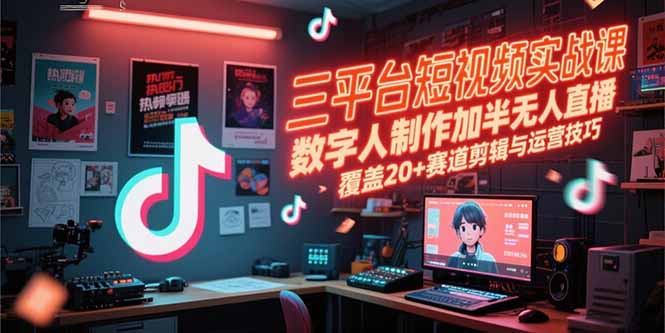 三平臺短視頻實戰攻略：數字人制作+半無人直播_20+賽道剪輯與運營技巧-資源網站